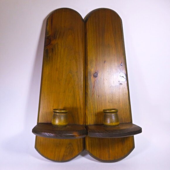 Vintage Pair Hand Crafted 3/4" Wood Hanging Wall Decor 16" Tall Candle Holders - Picture 3 of 7